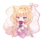  1girl animal_ears arknights bare_shoulders blonde_hair blue_eyes blush braid commentary_request covered_mouth cropped_torso flower hair_ribbon heterochromia highres holding holding_flower iipoyo_(364poyo) long_hair long_sleeves nightmare_(arknights) nightmare_(the_ferry_girl)_(arknights) off_shoulder official_alternate_costume partial_commentary red_eyes red_flower red_rose ribbon rose solo twin_braids white_ribbon 