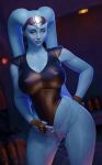 2026 3d_(artwork) alien alien_humanoid apulaz big_breasts blue_body blue_skin bodily_fluids breasts clothing clothing_aside collarbone digital_media_(artwork) eyebrows eyelashes female fingerless_gloves freckled_face freckles genital_fluids genitals gloves green_eyes handwear hi_res humanoid innie_vulva leotard leotard_aside nipple_outline smile solo star_wars thick_thighs twi'lek vaginal_fluids vulva wide_hips