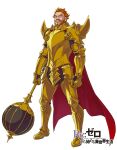  1boy armor beard cloak closed_mouth club_(weapon) copyright_logo facial_hair full_armor gold_armor goz_ralfon hair_slicked_back highres holding holding_club holding_weapon logo long_sideburns looking_at_viewer mature_male mustache official_art ootsuka_shin'ichirou orange_hair re:zero_kara_hajimeru_isekai_seikatsu red_cloak red_eyes scar scar_on_cheek scar_on_face scar_on_forehead short_hair sideburns simple_background solo standing v-shaped_eyebrows weapon white_background 