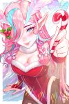  1girl antennae black_pantyhose blue_eyes blue_hair breasts bridal_gauntlets candy candy_cane cleavage commentary english_commentary food fur-trimmed_leotard fur_trim hair_over_one_eye highres leotard lips long_hair looking_at_viewer medium_breasts multicolored_hair original pantyhose pink_hair pointy_ears prywinko red_leotard santa_leotard smile solo streaked_hair 