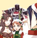  2boys 2girls annette_fantine_dominic annette_fantine_dominic_(winter) armor black_knight_(fire_emblem) black_knight_(winter)_(fire_emblem) blue_hair blurry blurry_background braid braided_hair_rings breasts brown_hair cleavage commentary_request dorothea_arnault dorothea_arnault_(winter) earrings febakkari felix_hugo_fraldarius felix_hugo_fraldarius_(winter) fire_emblem fire_emblem:_path_of_radiance fire_emblem:_three_houses fire_emblem_heroes fire_emblem_warriors:_three_hopes full_armor hair_ornament hair_rings interlocked_fingers jewelry long_hair multiple_boys multiple_girls music musical_note official_alternate_costume orange_hair own_hands_clasped own_hands_together singing spoken_musical_note teeth upper_teeth_only 