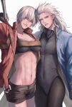  2girls absurdres belt_bra black_gloves blue_coat blue_eyes breasts cleavage coat commentary_request dante_(devil_may_cry) devil_may_cry_(series) devil_may_cry_3 dmcdv99 fingerless_gloves genderswap genderswap_(mtf) gloves highres holding holding_weapon large_breasts long_hair looking_at_viewer multiple_girls rebellion_(sword) red_coat short_hair simple_background smile sword vergil_(devil_may_cry) weapon white_hair 