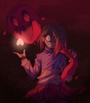  1girl :d akumu_(glitchtale) alternate_universe artist_name bad_id bad_tumblr_id bete_noire black_background blunt_bangs blunt_ends brown_hair colored_skin colored_tips cowboy_shot dedash-a film_grain glitchtale glowing_heart grin hair_behind_ear hands_up head_tilt highres inactive_account long_sleeves multicolored_hair open_mouth pink_sweater pleated_skirt puffy_long_sleeves puffy_sleeves purple_sweater red_background red_eyes red_hair red_skin shaded_face short_hair simple_background skirt slime_(creature) slit_pupils smile solo standing straight-on sweater tareme turtleneck turtleneck_sweater two-tone_background two-tone_hair two-tone_sweater underlighting undertale utdr_(toby_fox) wide-eyed 