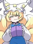  1girl :3 blonde_hair blush chahan_(fried_rice0614) chibi commentary dress fang fox_girl fox_tail frills hat highres kitsune kyuubi looking_at_viewer medium_hair multiple_tails own_hands_together smile solo tail touhou white_background white_dress yakumo_ran yellow_eyes 