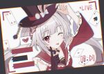  1girl absurdres black_gloves bow braid card chinese_commentary choker chromatic_aberration commentary_request diamond_(shape) facial_mark gloves grey_hair hanabi_(mobile_legends) hat heart heart_facial_mark highres honkai:_star_rail honkai_(series) long_hair long_sleeves looking_at_viewer official_alternate_costume one_eye_closed playing_card red_eyes single_glove solo sparkle_(honkai:_star_rail) sparxie_(honkai:_star_rail) tongue tongue_out top_hat twintails virtual_youtuber yino 