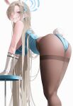  1girl absurdres animal_ear_hairband animal_ears ass asuna_(blue_archive) asuna_(bunny)_(blue_archive) bent_over black_pantyhose blonde_hair blue_archive blue_eyes blue_halo blue_leotard blue_ribbon blush breasts commentary_request elbow_gloves fake_animal_ears fake_tail from_side gloves grin hair_over_one_eye hair_ribbon hairband halo highres large_breasts leotard long_hair official_alternate_costume official_alternate_hairstyle pantyhose rabbit_ear_hairband rabbit_ears rabbit_tail ribbon smile solo tail thighband_pantyhose very_long_hair white_gloves white_hairband whyd5424 