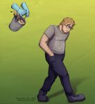 2025 artist_name biped blonde_hair blue_eyes bottomwear bucket clothing container duo eyewear floating_hands footwear glasses gradient_background green_background hair hand_in_pocket hi_res holding_bucket holding_container holding_object human imminent_transformation latex liquid_latex male mammal oblivious pants plantigrade pockets recurrent sad shaded shirt shoes simple_background slightly_chubby slightly_chubby_human slightly_chubby_male t-shirt text topwear url walking wearing_glasses