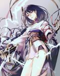  1girl absurdres artist_name blunt_bangs braid breasts bridal_gauntlets chikidoong cleavage closed_mouth electricity genshin_impact hair_ornament highres holding holding_sword holding_weapon japanese_clothes katana kimono korean_commentary lingerie long_braid long_hair looking_down mole mole_under_eye musou_isshin_(genshin_impact) neck_ribbon purple_eyes purple_kimono raiden_shogun red_ribbon red_sash ribbon sash single_braid solo sword thighs underwear weapon 
