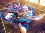  1girl ahoge black_gloves blue_headband blue_kimono cosplay game_cg gloves headband holding holding_sword holding_weapon incoming_attack indoors japanese_clothes katana kimono kondou_isami kondou_isami_(cosplay) long_hair long_sleeves looking_at_viewer motion_lines official_art open_mouth otonashi_ichie purple_hair shinsengumi shoujo_kageki_revue_starlight shoujo_kageki_revue_starlight_-re_live- solo sword thigh_strap two-handed upper_body v-shaped_eyebrows weapon wide_sleeves yellow_eyes 