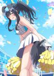  1girl absurdres animal_ears black_hair blue_archive blue_eyes blue_sky blush ccveru cheerleader cloud commentary_request day dog_ears dog_girl dog_tail goggles goggles_on_head halo hibiki_(blue_archive) hibiki_(cheer_squad)_(blue_archive) highres holding holding_pom_poms long_hair looking_at_viewer millennium_cheerleader_outfit_(blue_archive) official_alternate_costume open_mouth pom_pom_(cheerleading) skirt sky solo stadium star_(symbol) star_sticker sticker sticker_on_face tail yellow_halo 