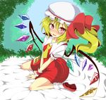  ascot between_legs blonde_hair blush bobby_socks flandre_scarlet hand_between_legs hat hat_ribbon i_b_b_e looking_at_viewer open_mouth red_eyes ribbon short_sleeves side_ponytail sitting skirt skirt_set smile socks solo touhou v_arms wariza wings wrist_cuffs 