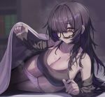  1girl absurdres ars_rg0412 bags_under_eyes bare_shoulders bed_invitation black_arm_warmers black_camisole black_hair bookshelf breasts camisole cleavage collarbone colored_inner_hair commentary_request english_commentary glasses goddess_of_victory:_nikke highres huge_breasts indoors label_(nikke) lifting_covers long_hair looking_at_viewer lying messy_hair mixed-language_commentary mole mole_on_breast multicolored_hair multiple_moles off_shoulder on_side pale_skin panties panty_pull parted_bangs purple_eyes purple_hair smile smirk solo two-tone_hair under_covers underwear variant_set very_long_hair white_panties 