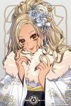  1girl :p black_nails blonde_hair brown_eyes brown_hair closed_mouth commentary_request fingernails floral_print flower forehead fujishiro_kokoa fur_collar grey_background grey_flower hair_flower hair_ornament highres japanese_clothes kaminari_qpi kimono long_fingernails long_hair looking_at_viewer nail_polish obi parted_bangs print_kimono sash smile solo tan tongue tongue_out upper_body virtual_youtuber vspo! white_flower white_kimono 