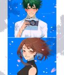  1boy 1girl bare_shoulders black_shirt blue_background boku_no_hero_academia breasts brown_eyes brown_hair camera collared_shirt commentary english_text eview_2549 falling_petals freckles green_eyes green_hair hair_between_eyes hetero highres holding holding_camera light_blush looking_at_another medium_breasts medium_hair midoriya_izuku multiple_scars parted_lips petals pink_petals ribbed_shirt scar scar_on_arm scar_on_cheek scar_on_face scar_on_hand shirt short_hair sleeveless sleeveless_turtleneck smile symbol-only_commentary turtleneck upper_body uraraka_ochaco white_shirt 