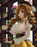  bow breasts brown_eyes brown_hair corset cup detached_sleeves dress drill_hair fingerless_gloves gloves huge_breasts impossible_clothes impossible_shirt kabaji long_hair mahou_shoujo_madoka_magica shirt solo teacup tomoe_mami 