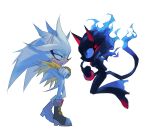  absurdres alternate_costume alternate_universe animal_ears blaze_the_cat blaze_the_cat_(beta_design) blue_eyes blue_fire boots bracelet cat_girl commentary_request couple crossed_arms digu718910 fiery_hair fiery_tail fire floating full_body fur_trim furry furry_female furry_male gloves hedgehog_boy highres index_finger_raised jewelry korean_commentary looking_at_another silver_the_hedgehog silver_the_hedgehog_(beta_design) simple_background sonic_(series) sweatdrop tail white_background white_gloves 