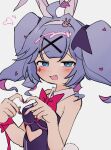  1girl ahoge animal_ears armpit_crease black_leotard black_ribbon blue_eyes blue_hair blush bow bowtie breasts clothing_cutout cutout_above_navel deformed detached_collar dora-2000 facial_mark fake_animal_ears fake_tail fang hair_ornament hair_ribbon hatsune_miku heart heart_cutout heart_hands highres leotard medium_hair open_mouth pink_nails playboy_bunny rabbit rabbit_ears rabbit_hole_(vocaloid) rabbit_tail red_bow red_ribbon ribbon simple_background small_breasts solo strapless strapless_leotard tail teardrop_facial_mark twintails vocaloid white_background white_wrist_cuffs wrist_cuffs x_hair_ornament 