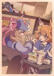  +_+ 4girls animal_ears blue_eyes blue_hair blush bow bowtie brown_hair burger closed_eyes clover_hair_ornament commentary_request crossed_bangs cup daruma_doll daruma_doll_hair_ornament disposable_cup ear_covers ears_through_headwear feeding flipped_hair food food_in_mouth four-leaf_clover_hair_ornament french_fries hair_between_eyes hair_ornament hat heterochromia honkawa_works horse_ears horse_girl long_hair long_sleeves matikanefukukitaru_(umamusume) matikanetannhauser_(umamusume) mcdonald's medium_hair multicolored_hair multiple_girls newsboy_cap nice_nature_(umamusume) open_mouth orange_hair pleated_skirt purple_eyes purple_sailor_collar purple_serafuku purple_shirt purple_skirt sailor_collar sailor_shirt school_uniform serafuku sharp_teeth shirt short_hair single_ear_cover sitting skirt smile streaked_hair table teeth tracen_school_uniform twin_turbo_(umamusume) umamusume white_bow white_bowtie 