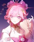  1girl breasts chinese_clothes chinese_commentary chinese_hairstyle commentary_request diamond-shaped_pupils diamond_(shape) dress earrings elf elysia_(hi_love_elf)_(honkai_impact) elysia_(honkai_impact) flower hair_flower hair_ornament hand_fan heli_(miyoushe_278043874) highres holding holding_fan honkai_(series) honkai_impact_3rd jewelry large_breasts long_hair multicolored_hair night official_alternate_costume parted_lips pink_hair pointy_ears purple_eyes red_dress sky smile solo star_(sky) starry_sky symbol-shaped_pupils teeth two-tone_hair upper_teeth_only very_long_hair white_hair 