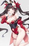  1girl animal_ear_hairband animal_ears bare_shoulders bell black_choker black_nails black_sash breasts butterfly-shaped_pupils choker circle_facial_mark cleavage clothing_cutout commentary_request commission facial_mark fake_animal_ears flower_tattoo fox_mask hairband highleg highleg_leotard highres honkai:_star_rail honkai_(series) leotard long_hair mark_under_both_eyes mask mask_on_head memento_vivi navel_cutout neck_bell o-ring o-ring_thigh_strap off_shoulder one_eye_closed playboy_bunny rabbit_ear_hairband rabbit_ears red_leotard red_sleeves sash skeb_commission solo sparkle_(honkai:_star_rail) strapless strapless_leotard symbol-shaped_pupils tattoo thigh_strap tongue tongue_out twintails 
