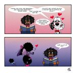 101_dalmatian_street 101_dalmatians alternative_fashion black_body black_ear black_fur black_spots black_tuft blue_nose blue_ribbon book bow_ribbon brown_body brown_fur brown_paws canid canine canis collar comic countershade_face countershading dalmatian dialogue disney domestic_dog dylan_(101_dalmatians) english_text female feral fluffy_ears fur goth group heart_symbol heterochromatic_ears hi_res holding_book holding_object juday_(cartooncross) male mammal mixed_breed pink_collar poodle portia_(101_dalmatian_street) purple_body purple_skin red_collar scooterdoodles speech_bubble spots text trio tuft white_body white_fur white_spots