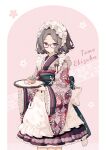  1girl absurdres alternate_costume apron character_name chinese_commentary closed_mouth commentary_request ebizuka_tomo english_text floral_print food frills girls_band_cry glasses grey_hair highres holding holding_tray japanese_clothes kimono long_sleeves looking_at_viewer maid maid_apron maid_headdress migolu nuoweisenlin_tongren_gongzuoshi obi parted_bangs sash short_hair solo tray wa_maid wagashi wide_sleeves 
