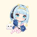  1girl black_shorts blue_eyes blue_hair blue_jacket braid brown_background chibi closed_mouth commentary full_body fur-trimmed_shorts fur_trim gradient_hair green_hair hair_over_shoulder hairband headphones highres hitsukuya jacket jelly_hoshiumi long_hair long_sleeves low_twintails multicolored_hair no_shoes open_clothes open_jacket phase_connect puffy_long_sleeves puffy_sleeves shirt shorts simple_background sleeves_past_wrists smile solo star_(symbol) star_hairband striped_clothes striped_thighhighs thighhighs twin_braids twintails virtual_youtuber white_shirt yellow_hairband 