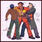  3boys ace_attorney angry animal_print arguing beanie black_hair black_pants chiha_bobobo coat commentary_request dick_gumshoe facial_hair furio_tigre furrowed_brow glen_elg goatee_stubble godot_(ace_attorney) green_coat green_pants hat height highres hood hoodie jacket male_focus monochrome_background multiple_boys necktie open_mouth orange_jacket orange_pants pants pectoral_cleavage pectorals phoenix_wright phoenix_wright:_ace_attorney_-_trials_and_tribulations pulling red_necktie shirt short_hair spiked_hair stubble tan tiger_print translation_request trench_coat watermark white_shirt yellow_hoodie 