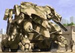  apartment blurry blurry_background building camouflage caterpillar_tracks commentary_request gatling_gun highres mecha military military_vehicle missile_pod original outdoors robot science_fiction tyokugekidato woodland_camouflage 