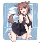  1girl :d absurdres animal_ears arm_support bare_shoulders barefoot black_choker black_shirt blush breasts breasts_squeezed_together brown_eyes brown_hair brown_tail choker cleavage clothing_cutout commentary_request dog_ears dog_girl dog_tail double-parted_bangs ears_up extra_ears fangs hair_between_eyes hair_ornament hair_over_shoulder highres hololive inugami_korone inugami_korone_(roomwear) jewelry kneeling large_breasts lifted_by_tail long_hair looking_at_viewer low_side_ponytail no_jacket no_pants o-ring o-ring_choker official_alternate_costume official_alternate_hairstyle open_mouth pendant pendant_choker pom_pom_(clothes) pom_pom_hair_ornament shirt shoulder_cutout smile solo t-shirt tail traveler_(artbbt) v_arms virtual_youtuber 