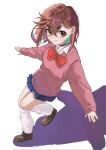  ayase_momo black_choker blue_skirt bow bowtie breasts brown_eyes brown_hair brown_shoes choker closed_mouth collared_shirt commentary_request crossed_bangs dandadan earrings full_body hair_between_eyes highres jewelry korean_commentary loose_socks medium_breasts medium_hair outstretched_arms paint1092 pink_sweater pleated_skirt red_bow red_bowtie school_uniform shirt shirt_under_sweater shoes skirt smile socks sweater white_background white_shirt white_socks 
