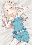  1girl anpan_sora aqua_camisole aqua_shorts armpits arms_up bed_sheet blonde_hair blush camisole collarbone colored_eyelashes commentary_request cowboy_shot flipped_hair gakuen_idolmaster groin hair_ornament hairclip highres idolmaster long_hair looking_at_viewer lying midriff_peek on_back orange_eyes parallel_hairclips parted_lips shinosawa_hiro shorts signature solo strap_slip sweat swept_bangs 