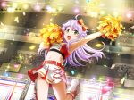  1girl ahoge arm_up armpits boots bow cheerleader crowd game_cg hair_bow hair_ornament hairclip holding holding_pom_poms jumping long_hair looking_at_viewer navel official_art open_mouth otonashi_ichie pom_pom_(cheerleading) purple_hair red_bow shoujo_kageki_revue_starlight shoujo_kageki_revue_starlight_-re_live- skirt solo stage_lights stomach upper_body white_boots white_skirt yellow_eyes 
