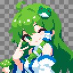  ;) breasts checkered_background commentary_request detached_sleeves frog_hair_ornament green_eyes green_hair hair_ornament hair_tubes highres kochiya_sanae large_breasts long_hair looking_at_viewer nontraditional_miko one_eye_closed pixel_art single_hair_tube smile snake_hair_ornament takeez3 touhou upper_body v 