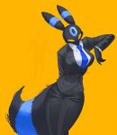 2026 anthro artist_name big_tail black_body black_clothing black_fur blue_body blue_fur blue_markings blue_necktie breasts clothed clothing eeveelution english_text female fingers fluffy fluffy_tail fur generation_2_pokemon hi_res jimblym mammal markings necktie nintendo pokemon pokemon_(species) pose shiny_pokemon simple_background solo suit tail text umbreon wide_hips yellow_background yellow_eyes