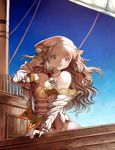  :d arm_support arm_warmers bandana bare_shoulders brown_eyes brown_hair collarbone dress flat_chest frills hair_ribbon hand_in_hair happy highres long_hair looking_down nishizawa open_mouth original ribbon sail ship smile solo sunlight tress_ribbon watercraft wind 