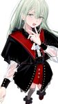  1girl absurdres ascot bang_dream! bang_dream!_it's_mygo!!!!! black_capelet black_skirt capelet commentary earrings green_hair grey_thighhighs hair_between_eyes hand_up hashtag-only_commentary highres jewelry long_hair long_sleeves looking_at_viewer mortis_(bang_dream!) mortis_(costume)_(bang_dream!) mortis_(persona)_(bang_dream!) open_mouth peke_(pekeiscat) red_shoes red_shorts see-through_clothes see-through_sleeves shirt shoes shorts shorts_under_skirt sidelocks simple_background skirt smile solo thighhighs wakaba_mutsumi white_ascot white_background white_shirt yellow_eyes 
