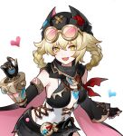  1girl :d absurdres bare_shoulders belt black_cape black_gloves black_shorts blonde_hair braid braided_hair_rings breasts cape chinese_commentary commentary_request cowboy_shot detached_sleeves eyewear_on_head fang fingerless_gloves genshin_impact gloves goggles goggles_on_head hair_between_eyes hair_rings hat heart highres jahoda_(genshin_impact) long_hair looking_at_viewer opaoye open_mouth scarf short_shorts shorts simple_background skin_fang smile solo star-shaped_pupils star_(symbol) symbol-shaped_pupils twin_braids white_background yellow_eyes 