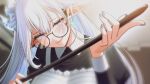  1girl closed_mouth commentary glasses halo_sweety halo_sweety_(artist) highres holding horns indie_virtual_youtuber long_hair long_sleeves maid maid_headdress mole mole_under_eye pointy_ears purple_eyes semi-rimless_eyewear solo upper_body virtual_youtuber white_hair 