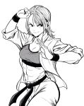  1girl abs asymmetrical_bangs belt breasts chinese_clothes commentary_request cowboy_shot crop_top fighting_stance greyscale hatching_(texture) highres jacket lee_(dragon_garou) long_hair medium_breasts monochrome open_clothes open_jacket original smile solo sports_bra tangzhuang toned toned_female v-shaped_eyebrows wristband 