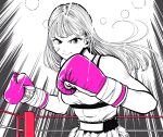  1girl abs boxing boxing_gloves boxing_ring boxing_shorts breasts commentary_request fighting_stance gloves greyscale high-waist_shorts highres lee_(dragon_garou) light_rays long_hair monochrome original pink_gloves shorts small_breasts smile solo sports_bra spot_color toned toned_female upper_body v-shaped_eyebrows 