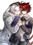  2boys absurdres ahoge animal_ears aotsuki_eito black_gloves black_hair black_pants blood blood_on_face blue_eyes blue_jacket cat_boy cat_ears cat_tail chinese_commentary closed_mouth commentary_request drawstring extra_ears eyelashes fang fang_out glasses gloves grey_hair grey_jacket hair_between_eyes hand_on_another's_arm hand_on_another's_chest hand_on_another's_chin hand_on_another's_waist highres hood hood_down hooded_jacket hoodie jacket jacket_over_hoodie kemonomimi_mode long_sleeves lop_rabbit_ears male_focus multicolored_hair multicolored_jacket multiple_boys nosebleed one_eye_closed open_clothes open_jacket pants pocket procreate_(medium) rabbit_boy rabbit_ears rabbit_tail rectangular_eyewear red_hair red_pupils semi-rimless_eyewear short_hair simple_background slit_pupils smile streaked_hair sumino_takumi tail the_hundred_line_-last_defense_academy- two-tone_hair two-tone_jacket variant_set white_background white_hoodie white_jacket white_pants yanrenxi20831 yaoi 