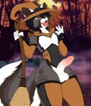 2025 animal_humanoid anthro balls black_hair bottomless broom casual_exposure cemetery cleaning_tool clothed clothing corset costume cutefckngbunny domestic_cat evil_laugh felid felid_humanoid feline feline_humanoid felis fur genitals glans grey_body grey_fur hair halloween halloween_costume hat headgear headwear hi_res holidays humanoid just_kat laugh laughing_at_viewer legwear lingerie long_hair looking_at_viewer magic_user male mammal mammal_humanoid orange_eyes orange_sclera penis pink_glans potion potion_bottle pupils solo tagme thigh_highs topwear vial witch witch_costume witch_hat