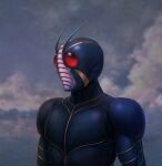  1boy antennae armor bodysuit cloud cloudy_sky commentary_request compound_eyes grey_sky helmet highres kamen_rider kamen_rider_zo kamen_rider_zo_(movie) katou_yuu male_focus portrait red_eyes sky tokusatsu 