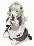  1girl alternate_costume apron black_dress black_shoes blush bow classical_maid_(project_sekai) commentary_request dress dress_bow enmaided frilled_apron frilled_dress frills fuinagi_(huyuu_mm) green_hair hair_bow hands_on_own_face highres kusanagi_nene long_hair looking_at_viewer maid maid_headdress mary_janes pantyhose project_sekai puffy_short_sleeves puffy_sleeves purple_eyes red_bow shoes short_sleeves sitting solo v-shaped_eyebrows very_long_hair wariza white_apron white_pantyhose 