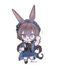  1girl amiya_(arknights) animal_ear_fluff animal_ears arknights black_bow blue_hat blue_jacket blue_skirt boots bow brown_boots brown_hair chibi collared_shirt full_body grey_eyes hair_between_eyes hat highres holding jacket long_hair looking_at_viewer low_twintails magnifying_glass pleated_skirt rabbit_ears roi_423 shirt simple_background skirt socks solo sparkle standing standing_on_one_leg striped_clothes striped_headwear twintails twitter_username vertical-striped_clothes vertical-striped_headwear very_long_hair white_background white_shirt white_socks 