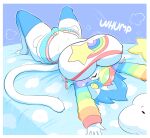 2025 anthro bed big_breasts blue_clothing blue_legwear blue_thigh_highs breasts breasts_on_face breasts_on_own_face bulge busty_boy_(lore) cleavage clothed clothed_anthro clothed_gynomorph clothing digital_drawing_(artwork) digital_media_(artwork) domestic_cat english_description eyes_closed felid feline felis finley_(theycallhimcake) fur furniture gynomorph hair hi_res huge_breasts intersex legwear lying male_(lore) mammal midriff motion_lines multicolored_hair navel nipple_outline on_back onomatopoeia pillow rainbow_hair smiley_face solo sound_effects tail text theycallhimcake thigh_highs white_body white_fur