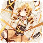  bad_id bad_pixiv_id beret blonde_hair bound drill_hair hat hat_removed headwear_removed mahou_shoujo_madoka_magica nochita_shin open_clothes open_shirt ribbon shirt solo tied_up tomoe_mami untied yellow_eyes 