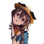  1girl :d absurdres animal_ears backpack bag bandaid bandaid_on_face bandaid_on_nose blue_bag bone_hair_ornament braid braided_twintails brown_eyes brown_hair commentary_request dog_ears double-parted_bangs ears_through_headwear extra_ears gloves hair_between_eyes hair_ornament hairclip head_tilt headlamp highres hololive inugami_korone leaning_to_the_side long_hair looking_at_viewer low_twin_braids low_twintails mining_helmet official_alternate_costume parallel_hairclips peeking_out raised_eyebrows shirt simple_background smile solo spiked_gloves transparent_background traveler_(artbbt) triangle_mouth twin_braids twintails upper_body virtual_youtuber white_gloves wonky_monkey yellow_shirt 