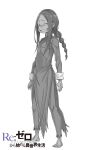  1boy @_@ absurdres barefoot chinese_clothes clenched_teeth copyright_logo evil_smile full_body greyscale highres logo long_hair long_sleeves looking_at_viewer monochrome official_art ootsuka_shin'ichirou pants raised_inner_eyebrows re:zero_kara_hajimeru_isekai_seikatsu roy_alphard sharp_teeth side_slit simple_background sleeves_rolled_up smile standing tachi-e teeth torn_clothes torn_pants 